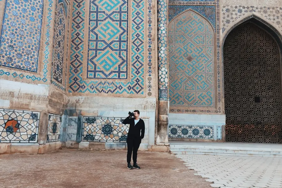 female tourist wearing headscarf in Samarkand mosque