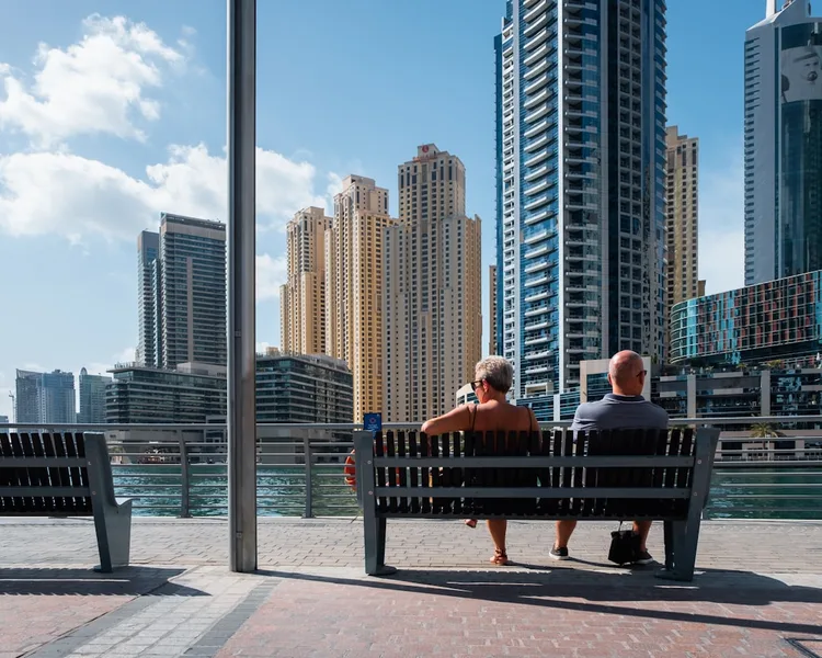 Dubai Marina elderly couple walking UAE Kotor Montenegro