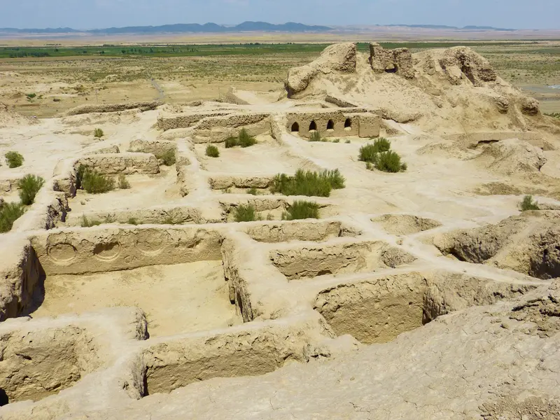 Aerial view of Kyzyl Kala fortress ruins Khorezm desert