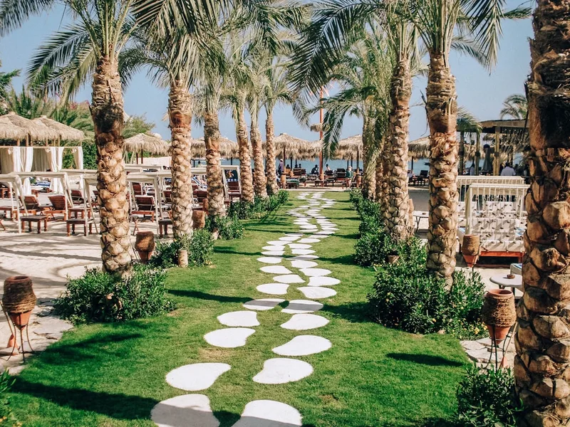 shaded beach loungers for seniors Hurghada Egypt